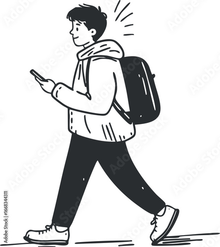 Illustration of a teenage boy walking while looking at his smartphone wearing a backpack and casual clothes