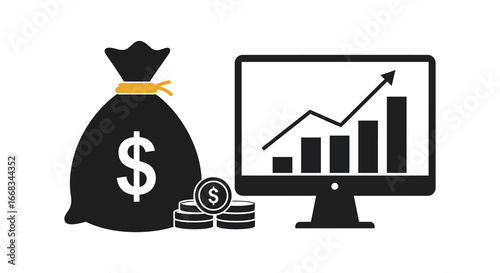 Money bag with computer showing graph and coins on the side