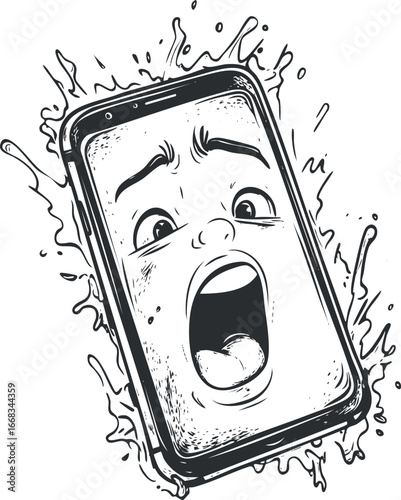 Black and white illustration of a smartphone with a scared, screaming face and water splash background