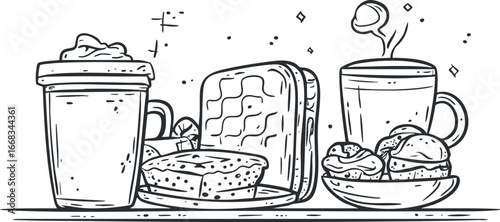 Black and white hand-drawn illustration of breakfast items including coffee cups, toast, sandwich, and pastries on a table.