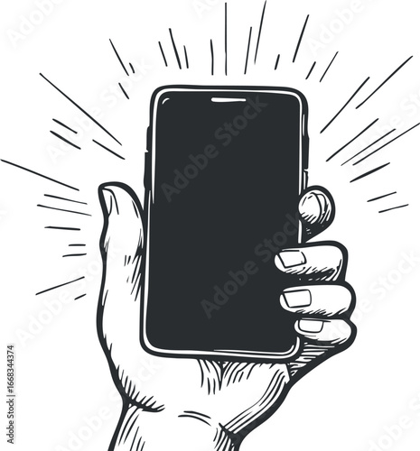 Black and white illustration of a hand holding a smartphone with rays emanating from the screen symbolizing technology and communication