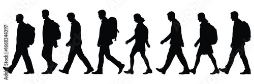 Walking People Silhouettes with Backpacks Isolated on White,Silhouettes of people walking create diverse demographic group for marketing use,