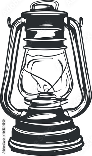 Black and white illustration of a vintage oil lantern with glass and metal parts isolated on white background