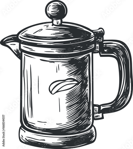 Hand drawn black and white illustration of a French press coffee maker for brewing coffee or tea.