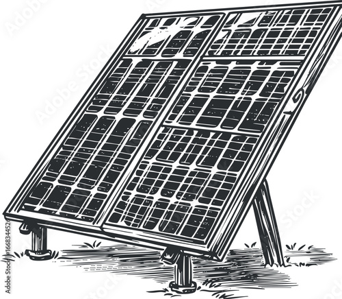Illustration of a solar panel used for converting sunlight into renewable electricity power outdoors