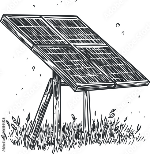 Black and white illustration of a solar panel mounted on wooden supports in a grassy field generating renewable energy