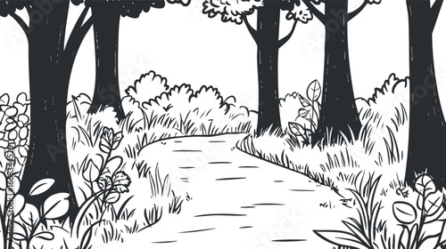 Black and white illustration of a forest path surrounded by trees bushes and foliage in a natural outdoor setting