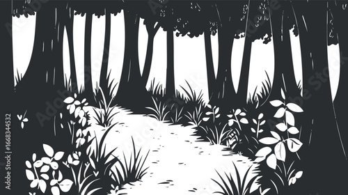 Black and white silhouette of a forest path surrounded by trees and plants creating a peaceful natural scene