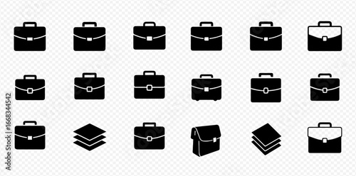 A collection of black silhouette briefcase and document icons on a transparent background.