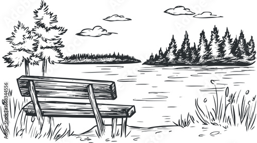 Black and white sketch of a peaceful lake landscape with a wooden bench facing water and trees