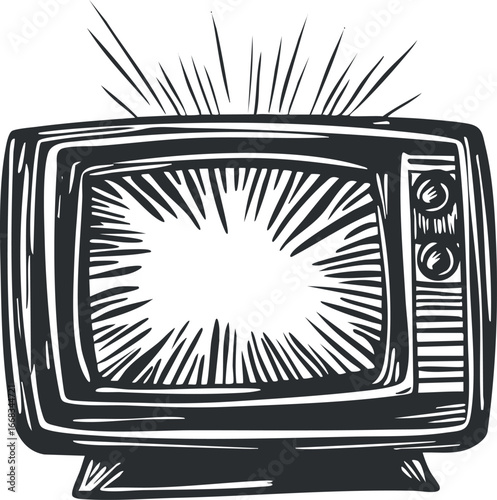 Black and white vector illustration of a retro vintage television set with screen rays.