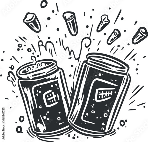 Black and white illustration of two beer cans bursting open with liquid and bubbles splashing out
