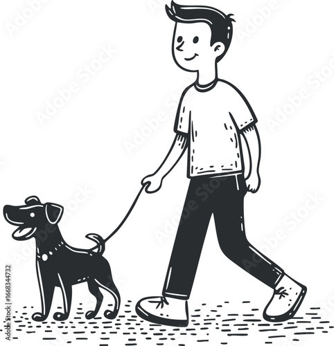 Illustration of a young boy happily walking his dog on a leash in a casual outdoor setting