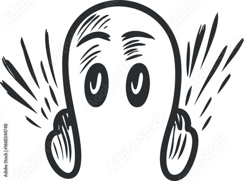 Black and white cartoon illustration of a scared ghost covering ears with shocked expression