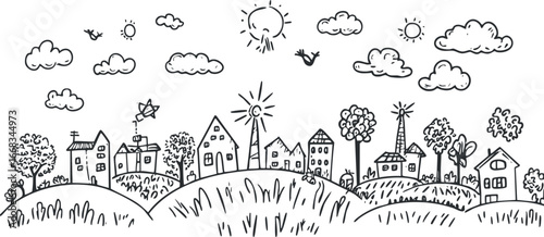 Hand drawn black and white sketch of a peaceful village with houses, trees, windmills and hills under a sunny sky with clouds and birds.