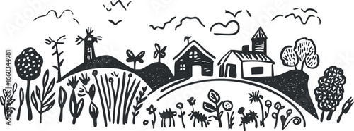 Hand-drawn black and white sketch of a peaceful countryside scene with houses, hills, trees, and windmills.