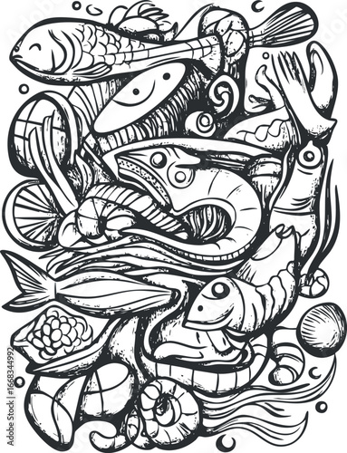 Black and white hand-drawn illustration of various seafood including fish shrimp crab and mollusks