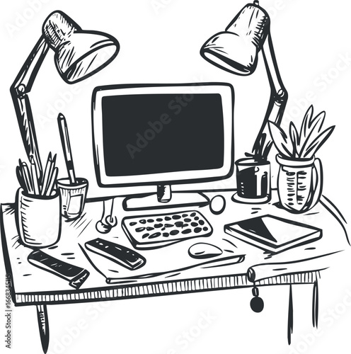 Black and white sketch of a tidy workspace with computer, keyboard, mouse, lamps, notebook, pens, and plant on a desk.