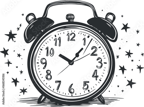 Black and white illustration of a classic alarm clock with stars surrounding it, symbolizing time and waking up.