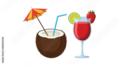 Coconut drink and fruit cocktail with umbrella and straw summer vacation
