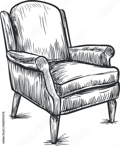 Hand drawn black and white sketch of a classic upholstered armchair with wooden legs and comfortable cushions