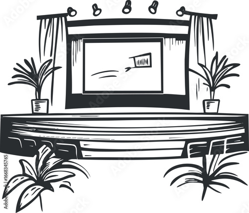 Black and white illustration of a theater stage with curtains plants spotlights and a screen for presentations or performances