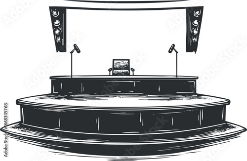 Black and white illustration of a presentation stage with microphones podium and speakers for conferences and events