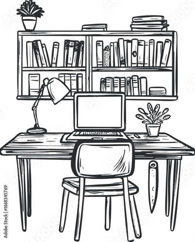 Black and white line art of a home office workspace with a desk, chair, laptop, lamp, bookshelf, and potted plants.