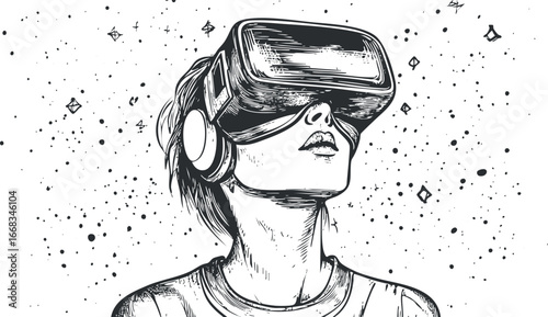 Black and white sketch of a young person wearing a virtual reality headset exploring digital space