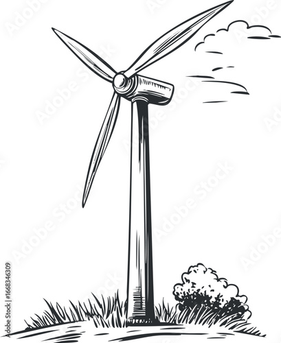 Black and white illustration of a wind turbine generating renewable energy in a natural outdoor setting