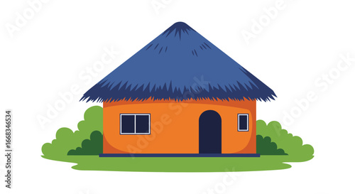 A small orange house with a blue thatched roof and green surroundings