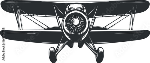 Front view illustration of a vintage biplane with propeller and double wings in black and white