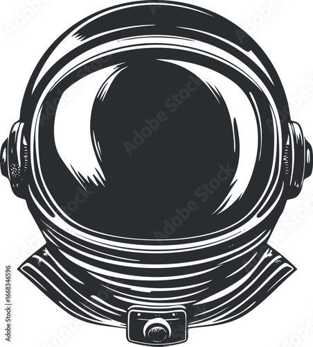 Black and white illustration of an astronaut helmet with reflective visor for space exploration and science themes.