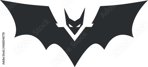 Black bat silhouette with wings spread wide in a sharp, angular style symbolizing night and mystery