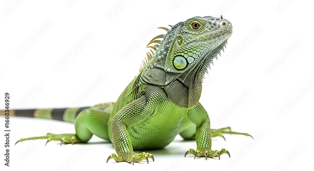 Obraz premium Green Iguana in Crawling Stance with Spiny Crest and Striped Tail on White Background
