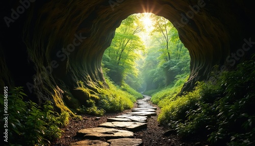 Sunlit forest cave entrance, stone path leads into green woods. Mystery, travel, adventure await on scenic outdoor journey. Exploration, discovery unfold in natural, verdant landscape, hinting at