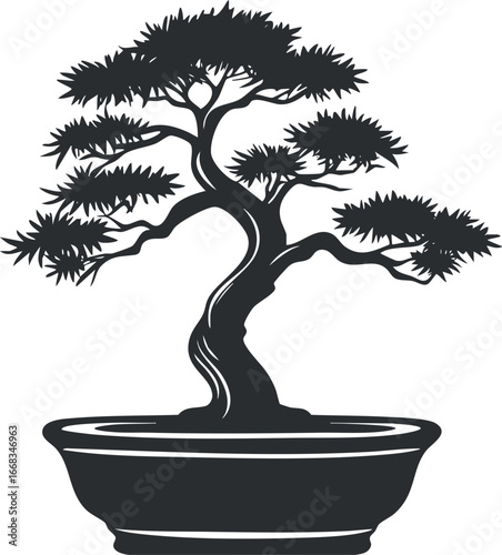 Black silhouette of a bonsai tree in a pot with detailed leaves and twisted branches
