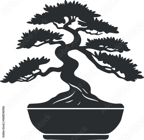 Silhouette of a bonsai tree in a pot showing detailed branches and roots in a decorative style