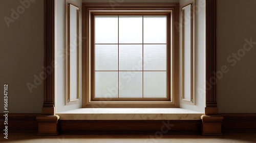 industrial teak window with ornate trim, narrow sill, laminated panel with diffused illumination.