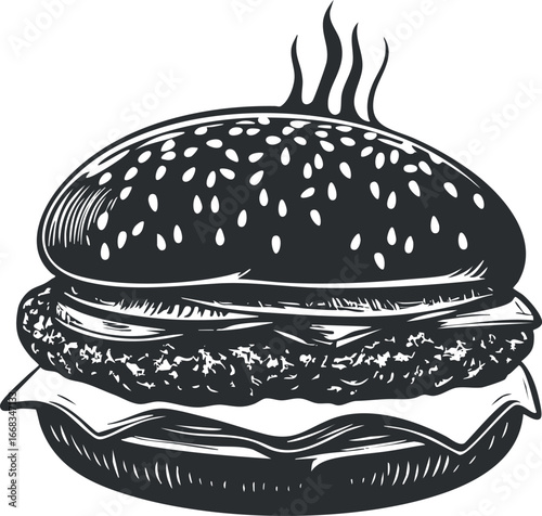 Black and white illustration of a hot hamburger with sesame bun, cheese, and patty