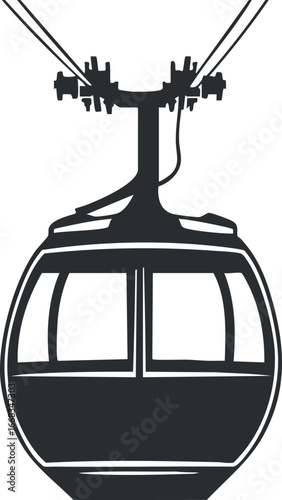 Black and white silhouette of a cable car gondola used for mountain transport and tourism