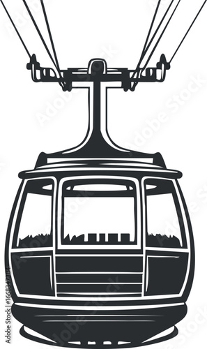 Front view of a gondola cable car cabin suspended on wire ropes used for mountain transport and tourism