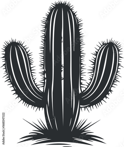 Black and white illustration of a three-armed cactus plant with sharp spikes in a desert environment