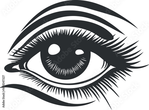 Black and white vector illustration of a detailed human eye with eyelashes and eyebrow