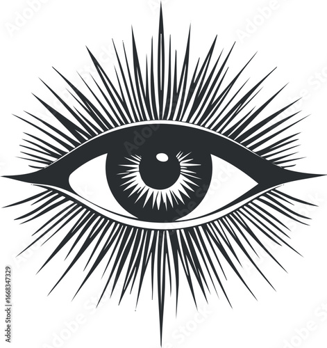Black and white graphic illustration of an eye with long spiky rays radiating outward