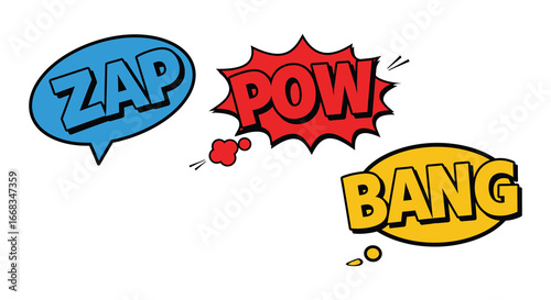 Colorful comic book speech bubbles with action words zap pow bang