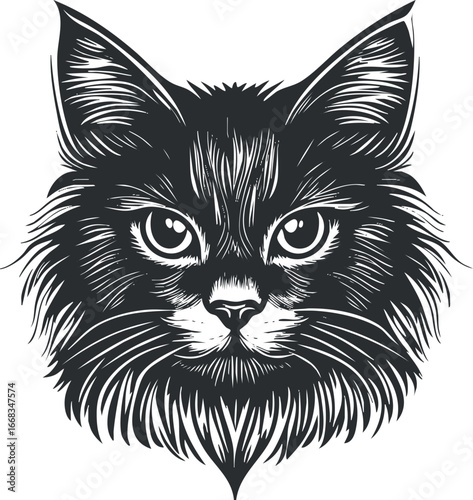 Black and white detailed illustration of a cat head with expressive eyes and furry face