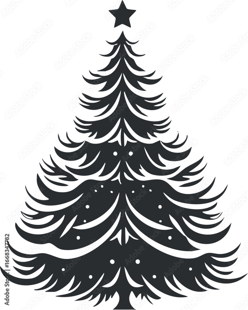 Obraz premium Black and white stylized Christmas tree illustration with star on top and decorative branches