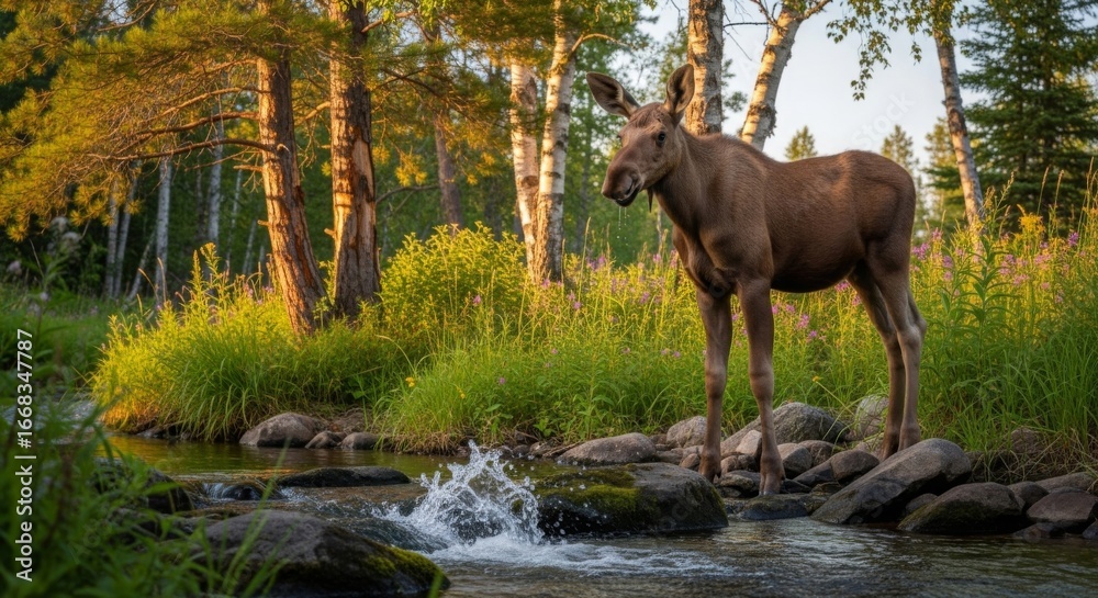 Fototapeta premium A moose standing in a shallow stream surrounded by lush greenery and tall trees in the forest area