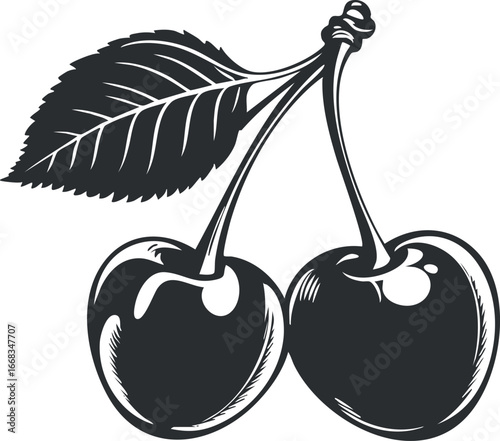 Black and white illustration of two ripe cherries with a leaf and stems on white background